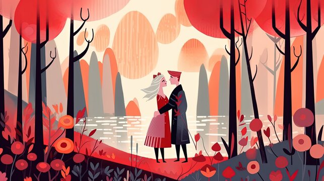 art illustration cute couple cuddle while walking in winter woods, Generative Ai