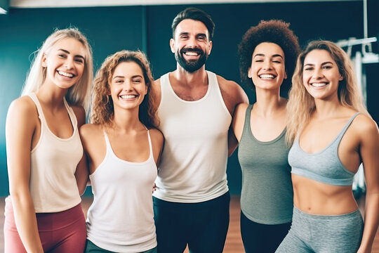 Fitness, laughing and group of friends at the gym for training, happy for the exercise at a club. Fitness, pilates, cardio or yoga class.