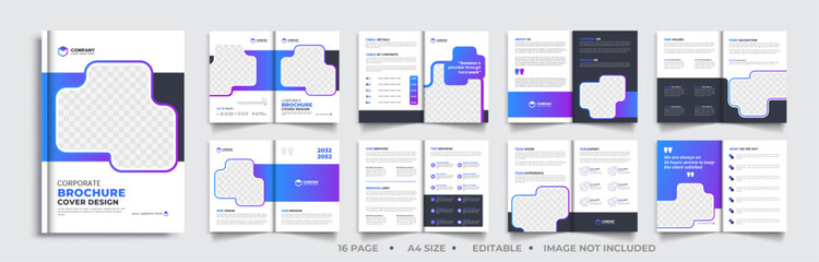 16-Page brochure layout design, minimal multipage business brochure template design, annual report, corporate company profile, editable layout template.