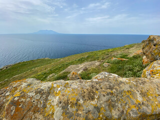 Kalekoy harbor view from the hill of Kalekoy village, gokceada. Kalekoy; It means Castle Village in English. Imbros island Canakkale, Turkey