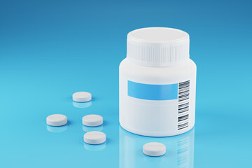 Medication cost. Pills with packaging on a blue table. Treatment with tablets. Pills with a plastic bottle.