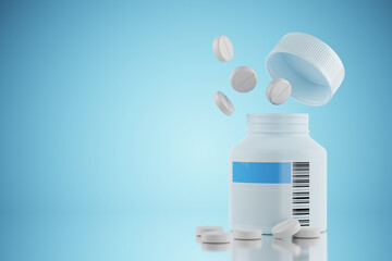 Pills with packaging on a blue table. Treatment with tablets. Pills with a plastic bottle. Medication cost.