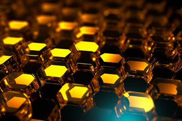 Obraz premium Abstract background formed from yellow hexagons , Glass gold Pattern, Geometric Crystals, Abstract