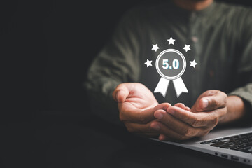 Hands holding five gold stars, symbolizing customer satisfaction and excellence in service. Perfect for online reviews and feedback. Customer service and Satisfaction concept, 5 star rating