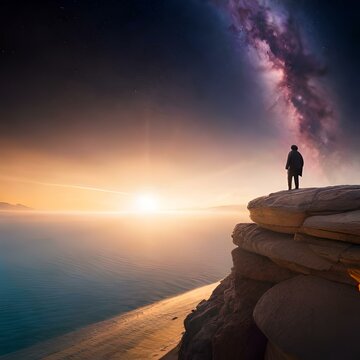 silhouette of a person standing on a rock in a galaxy 