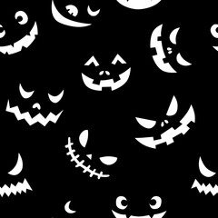 Line art doodle simple seamless pattern with different spooky creepy funny eyes and smiles halloween party backdrop.On black background