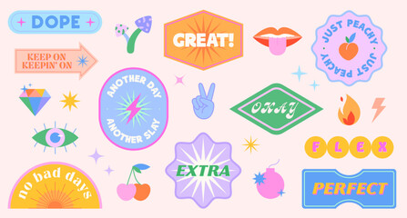 Vector set of cute funny patches and stickers in 90s style.Modern icons or symbols in y2k aesthetic with text.Trendy kidcore designs for banners,social media marketing,branding,packaging,covers - obrazy, fototapety, plakaty