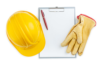 Yellow Construction Gloves And Helmet Ballpoint Pen On Clipboard Isolated