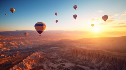 hot air balloon flying over country with mountains rivers and forests, beautiful landscape at sunset with blue sky. Generative AI
