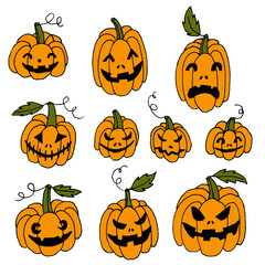 Set of hand drawn line art halloween holiday pumpkins with different shaped, creepy spooky eyes, smiles and leaves isolated on white.Web design elements for print,autumn decor.