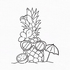 Summer Vibe illustration with Cute pineapple flower sunglass umbrella and lemon line drawing