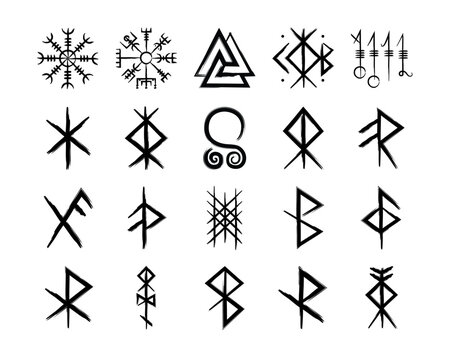 Full editable collection of norse symbols with meanings like protection, love, healing, safe travelling, compass, good luck, brave or courage and more.