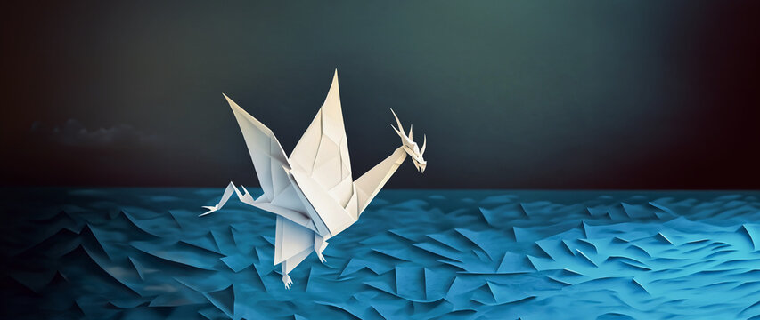 illustrazione generative ai con grande drago di carta in stile origami che vola su mare blu e cielo notturno di luce cupa ediffusa 