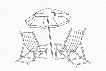 One line drawing of Beach umbrella and chair with summer vibe 