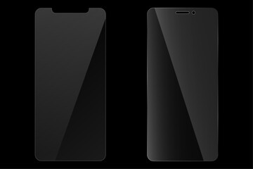 Set of protective glass for phone. Realistic reflection. Glass on black background. Vector illustration.