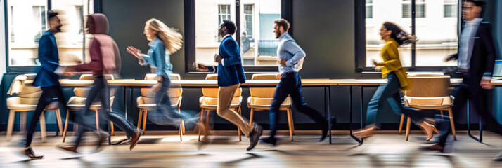 Business people running in office. Businessmen and businesswomen running on modern office corridor. motion speed - obrazy, fototapety, plakaty