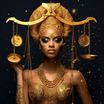 Zodiac sign of Libra, portrait of young woman with gold scales