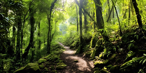 Exploring a Jungle, surrounded by lush vegetation, under a canopy of towering trees, feeling the warm and humid air.