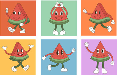 Set of watermelon groovy . Cute watermelon cartoon characters in retro style, hippie style summer mascots. Vintage vector set