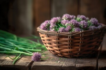 Chive Flowers in Punnet on Wooden Table. 