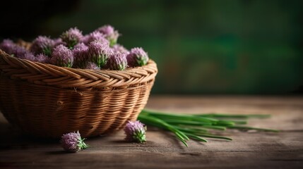 Chive Flowers in Punnet on Wooden Table.