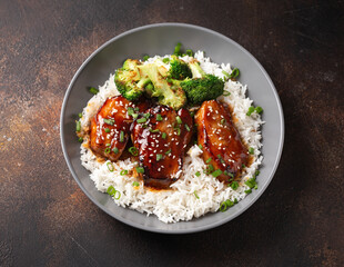 Teriyaki Pork Belly with broccoli, spring onion and rice
