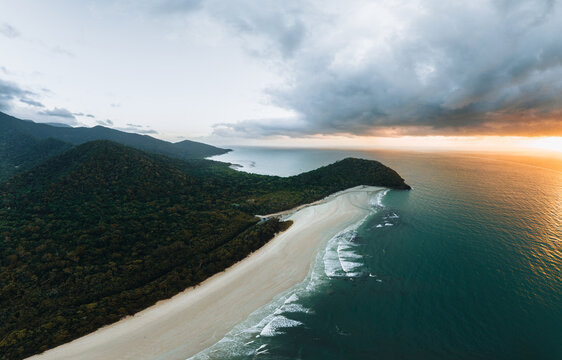 An aerial view of Myall Beach at Cape Tribulation in daintree national park in Tropical North Queensland, Australia