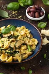 Lemon infused Orecchiette pasta with courgette or zucchini and asparagus