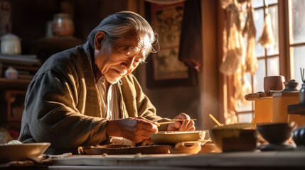 Old Japanese man master in his workshop in the light of dawn rays. Ancient Japanese crafts and the concept of rare traditional, forgotten crafts. Japanese culture and aesthetics