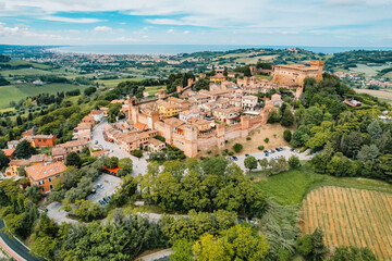 Aerial view of Medieval village of Gradara, Italy.  Little old  village italy scene in Pesaro...