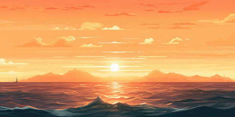 Illustration of a beautiful colourful sunset over the sea, athmospheric wallpaper and background, generative AI