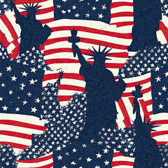 Seamless 4th of July statue of liberty pattern in traditional red, white and blue colors. Modern usa stylish print for holiday decor, summer liberty graphic and united states background.  © Limolida Studio