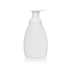 White plastic cosmetic bottle with foam dispensers on a white background, white unbranded dispenser bottle  without a label.