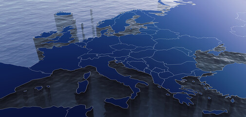 3D Rendered Map of Europe during sunrise in blue color