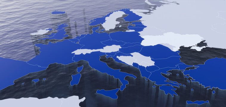 3D Rendered Map of Europe with NATO members in blue and non-NATO members in grey. Ukraine in light grey color. Russia - Ukraine conflict