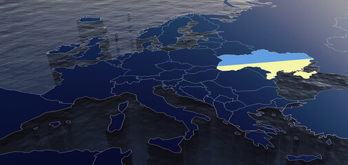 3D Rendered Map of Europe with highlighted Ukraine in blue and yellow flag colors