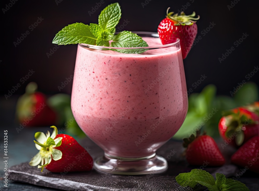 Poster strawberry milkshake in glass created with generative ai technology.
