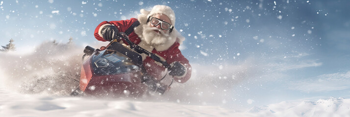 Action shot of Santa Claus on a snow mobile delivering packages in the snow with copy space created with Generative AI technology