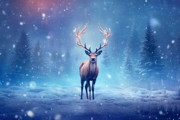Christmas banner with magical scene of reindeer in show with Christmas lights and stars with copy space created with Generative AI technology