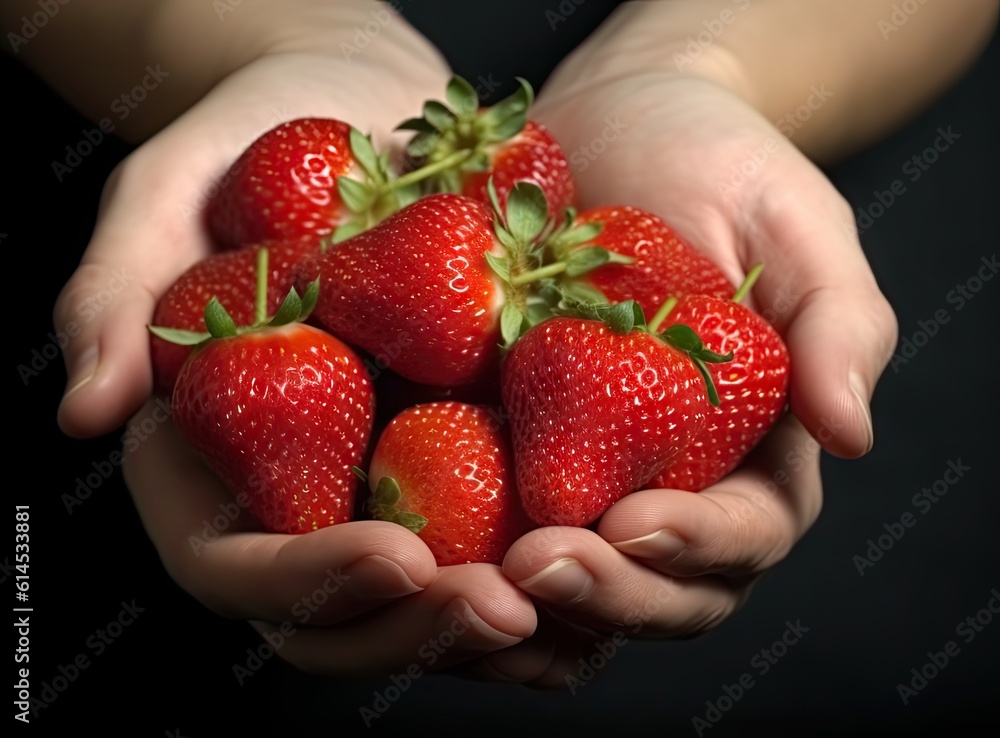 Poster man hands holding fresh strawberries created with generative ai technology.