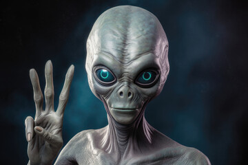 Alien humanoid portrait on dark background. Friendly extraterrestrial humanoid shows thumb up gesture. Created with Generative AI