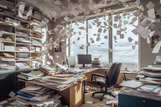Clutter and chaos in office. Scattered documents fly over the workplace. Stress in business. Bureaucracy and paperwork. Created with Generative AI