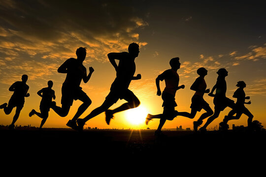 Joggers running on road. Runner silhouettes at sunset. Group of people jogging outdoors. Marathon athletes training. Sport activities. Created with Generative AI