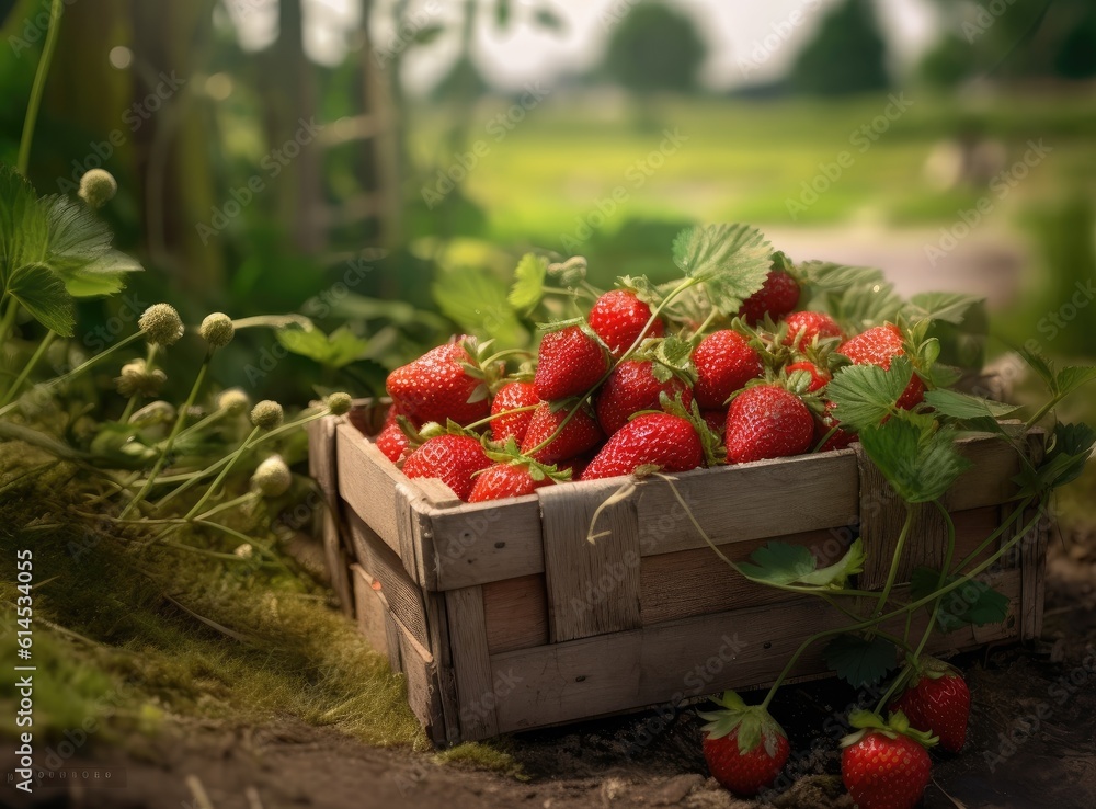 Aufkleber fresh strawberries in old wooden crate isolated . created with generative ai technology.