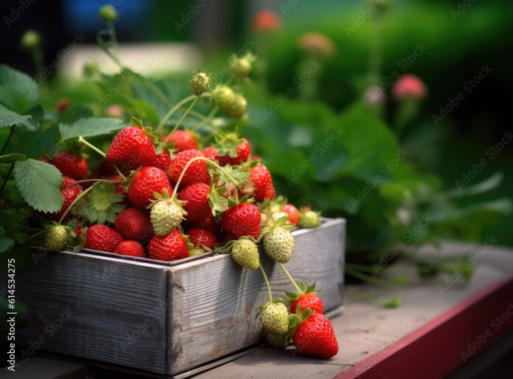Poster fresh strawberries in old wooden crate isolated . created with generative ai technology.