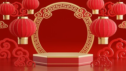 3d rendering illustration of podium round stage podium and paper art chinese new year, chinese festivals, mid autumn festival , red and gold ,flower and asian elements  on background..