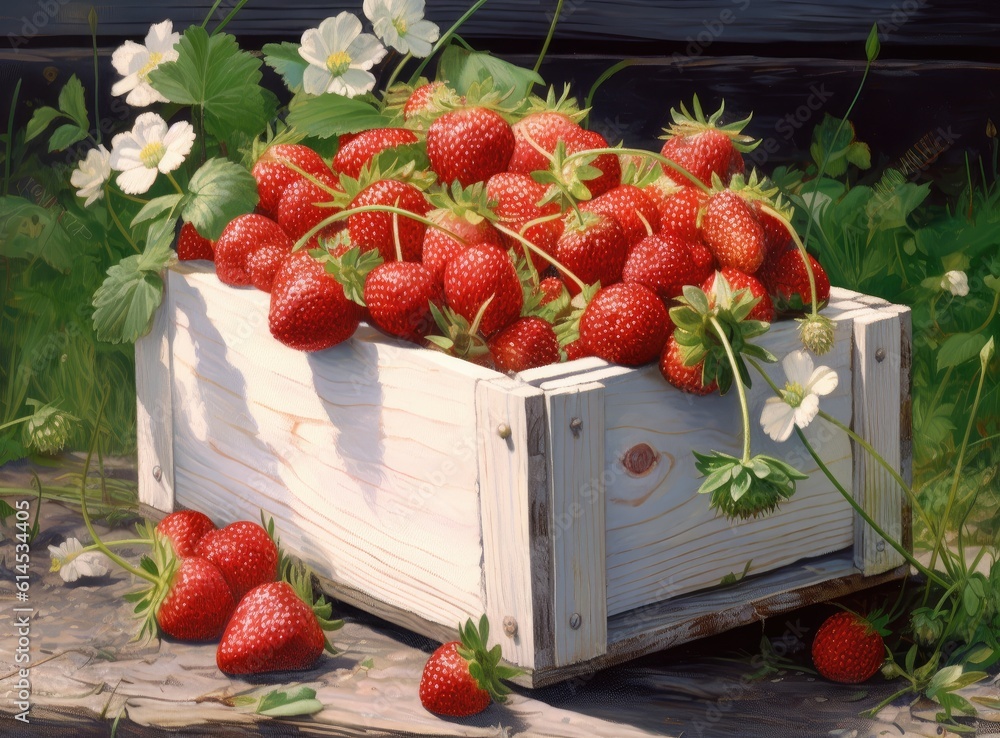 Poster fresh strawberries in old wooden crate isolated . created with generative ai technology.