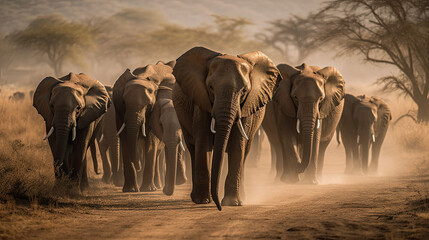 Fototapeta na wymiar Majestic Elephant Herd Grazing on African Plains