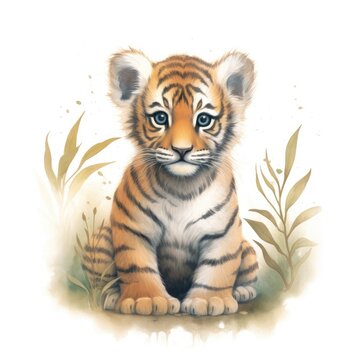 Cute tiger baby african jungle safari animal, watercolor illustration