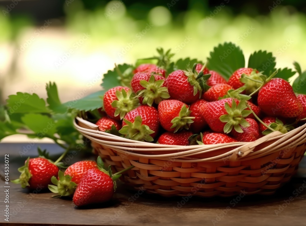 Aufkleber fresh ripe strawberries in wicker basket created with generative ai technology.